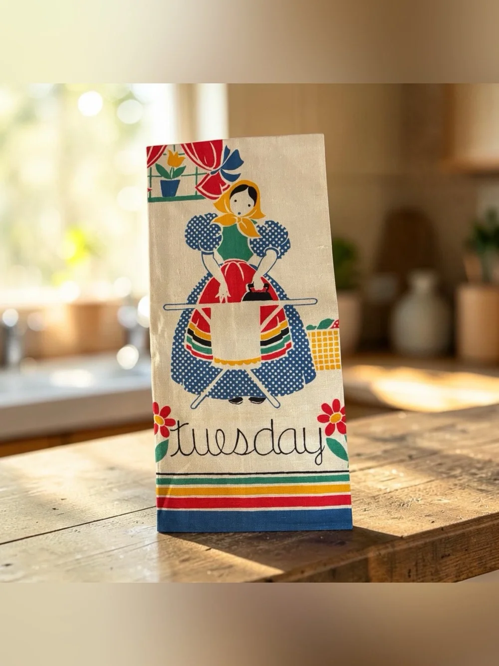 MCM Quality Linens Pure Linen Tea Towel Days Of The Week “Tuesday” Dutch Girl